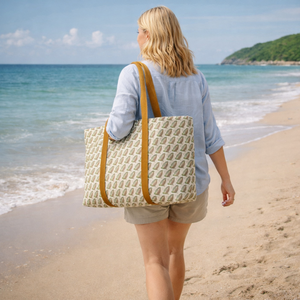 Canvas Tote <b>Bag</b> Leaf Pattern Brown Leather Handles Zip Closure Daily Use All Season Minimalist Style Indian Hand Block Print - Product Image 5