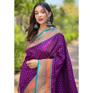 Elite Weaves <b>Purple</b> 1000 Butti Zari Woven Paithani Silk <b>Saree</b> with Contrast Indian & Pakistani Clothing - Product Image 2