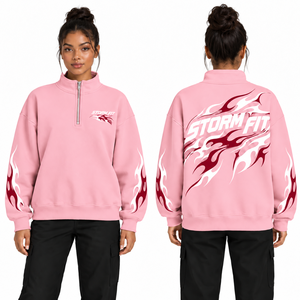 Custom <b>Women's</b> Blue Flame Screen Printed <b>Quarter</b> <b>Zip</b> Hooded Streetwear <b>Sweatshirt</b> Regular Fit Knitted Cotton Breathable - Product Image 4