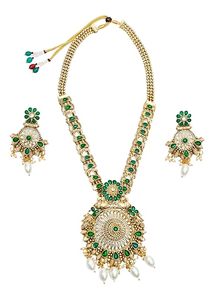 Ensemble collier et boucles d'oreilles en alliage plaqué or 24 carats avec zircon vert et perle, design floral vintage, bijoux de mariage pour femmes - Product Image 3