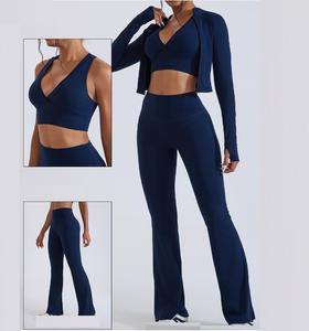 <b>Navy</b> Blue 3 Piece Yoga Set High Waist Seamless Flared Pants Deep V Neck Crop <b>Top</b> Full-Length Drawstring Jacket Breathable - Product Image 1