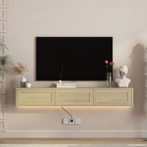 High Gloss Wall Mounted TV Stand <b>Floating</b> Wood Cabinet with LED Lights and Power Outlet for Living Room - Product Image 1