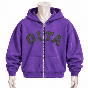 <b>Purple</b> <b>Mens</b> Zip Front <b>Hoodie</b> Chenille Letter Applique Heavyweight Fleece Loose Fit Casual Streetwear Sweatshirt with Kangaroo - Product Image 1