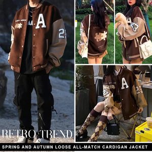 Letterman Varsity Jacket High Street Style Stand Collar Winter Wool Fabric <b>Canvas</b> Front Embroidered Patchwork Sleeves - Product Image 6