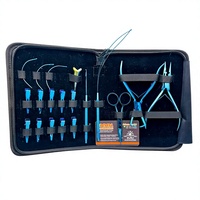 Kit d'outils pour extensions de cheveux avec revêtement plasma bleu, comprenant des pinces, des clips, une boucle et des ciseaux pour extensions de cheveux humains