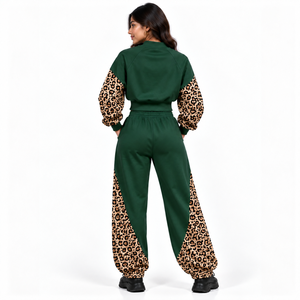 Ensemble deux pièces personnalisé pour femme, vert, imprimé animal, coupe ample, style survêtement, loungewear, streetwear, sweat-shirts à manches raglan - Product Image 2