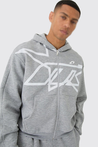 Custom Graphic Men's Grey Full <b>Zip</b> <b>Hooded</b> Tracksuit Urban Fashion Cotton Fleece Relaxed Fit Two Piece Hoodies Wholesale Supplier - Product Image 4