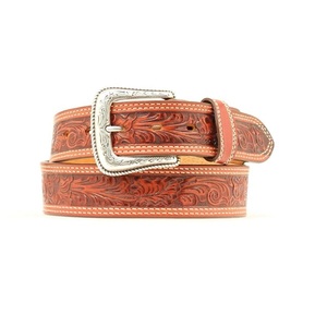 Custom Natural Tan Cowhide Men's Fashion Western Leather <b>Tooling</b> <b>Belt</b> with Floral Hand Carving and Double Stitching - Product Image 2