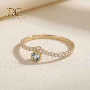 Bague ethnique en or jaune massif 14 carats avec diamant de laboratoire et aquamarine, design élégant, bijoux fins pour femmes, mariage, fiançailles - Product Image 2