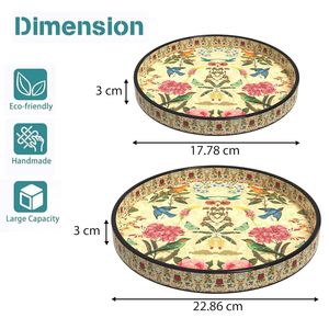Handcrafted Round Wooden Serving Tray Set of 2 Floral & <b>Bird</b> Design Dinner Serving <b>Platter</b> Available At Best and Lowest Price - Product Image 2