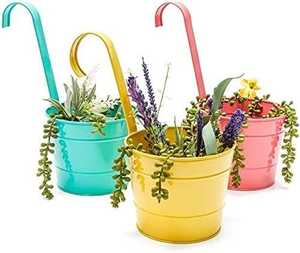 Colorful Metal Hanging Planters Set of 3 with Curved <b>Hooks</b> for Gardening Durable Painted Finish - Product Image 1