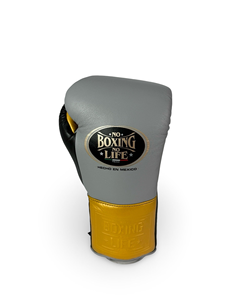 ถุงมือฝึกซ้อม No Boxing No Life สีเทาอ่อนและสีดำทอง ถุงมือชกมวยดีไซน์ใหม่แบบผูกเชือก ผลิตตามสั่ง - Product Image 4