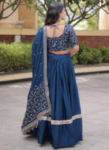 Blue Ethnic Fendy Silk Satin <b>Shawl</b> Pashmina Style Hijab Scarf Fringe Border Lehenga Set <b>Wedding</b> Festival Wear - Product Image 4