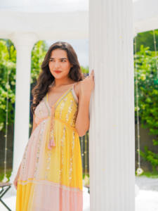 Vestido Midi Boho de Manga 3/4 para Mujer, Amarillo y Rosa Degradado, Verano, Ecológico, Ligero, Fluido, para Vacaciones y Resort - Product Image 2