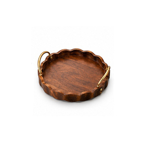 Plateau de rangement rond en bois avec incrustation de marbre et poignées en forme de branche dorée, design minimaliste pour utilisation sur table, à un seul niveau - Product Image 5