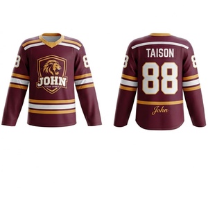 เสื้อฮอกกี้น้ำแข็งผู้ชาย ผ้าโพลีเอสเตอร์ถักคุณภาพพรีเมียม 240 GSM สีแดงเลือดหมู แถบสีทองขาว ตกแต่งลายพิมพ์ตามสั่ง สำหรับทีม ไซส์พลัส ด้านหน้า - Product Image 1