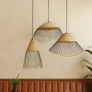 A Set of 3 Handmade Eco-friendly Chandeliers Powder-coated <b>Iron</b> Frames Natural Rattan Weaving Featuring Modern Luxurious Design. - Product Image 1