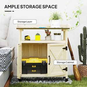 Banco da Giardinaggio in Legno Naturale con Armadietto e Piano in Alluminio per Uso Esterno con Ruote in Gomma - Product Image 6