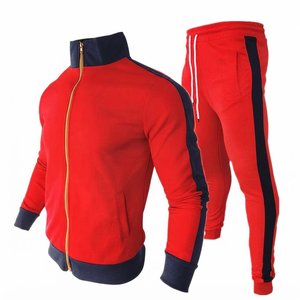 Nouvel ensemble de survêtement personnalisé pour homme, couleur rouge, col montant, veste zippée et pantalon, tenue décontractée d'automne en polyester et coton tricoté - Product Image 1