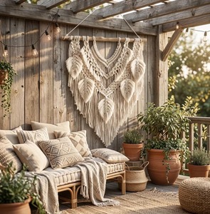 งานฝีมือมาคราเม่สีเบจสุดหรู ลายใบไม้ เหมาะสำหรับตกแต่งห้องนอนสไตล์โบโฮ และตกแต่งภายในให้ดูอบอุ่น นำเข้าจากอินเดีย - Product Image 2