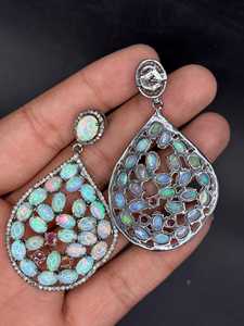 Natural Ethiopian <b>Opal</b> Ruby Diamond <b>Earring</b> Pave Diamond <b>Earrings</b> 925 Sterling Silver Handmade Oxidized Dongle Diamond <b>Earring</b> - Product Image 3