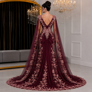 Robe moulante de luxe personnalisée avec broderie florale, col en V, sans manches, taille empire, ornée de pierres de cristal, coupe modeste - Product Image 3
