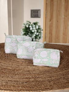 Vintage Cotton Quilted Cosmetic Bag Block Printed Zipper Toiletry Pouch Handmade <b>Makeup</b> <b>Case</b> for Travel Stylish Gifts Trendy Bag - Product Image 1