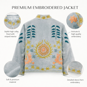 Veste bomber pour femme, broderie florale faite à la main, doublure en coton, col montant, veste de créateur - Product Image 2