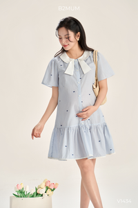 Robe de maternité en lin doux B2 MUM V1434, tissu respirant écologique, détail nœud, silhouette trapèze, taille élastique ajustable - Product Image 5