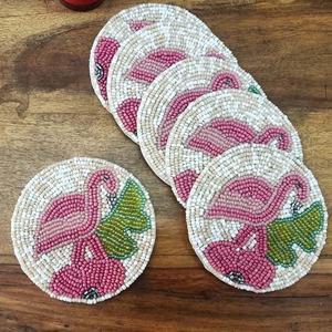 Round Light Blue With White Flower Design Beaded Handmade <b>Coaster</b> Set of Four Pieces - Product Image 4