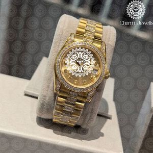 Charm Jewells Luxury Women's Gold <b>Watch</b> <b>Diamond</b> Bezel Analog Quartz Round 36mm Folding Clasp - Product Image 6