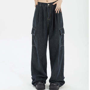Pantalon cargo en jean taille haute pour femme grande taille, délavage foncé, coupe ample, longueur intégrale, style décontracté, 100 % coton, fermeture boutonnée - Product Image 1