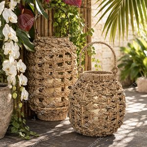 Portavelas Moderno de Hierba Marina Orgánica, Farol Colgante Anudado, Portavelas de Cristal para Jardín, Luz Decorativa para Interiores del Hogar - Product Image 4