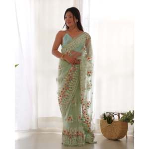 Sari de soirée élégant avec broderie de fils et de zari, robe de club - Product Image 4