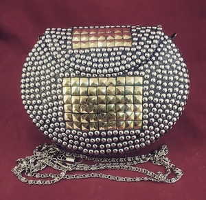 Irregular Shape Green Mosaic Clutch <b>Bag</b> With Gold Plated <b>Studs</b> And Chain Strap Fashion Art Craft - Product Image 3
