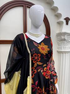 Black Embroidered Anarkali <b>Kurti</b> With Dupatta Indian Pakistani <b>Women</b> Party Wear Floor Length Ethnic Set - Product Image 2