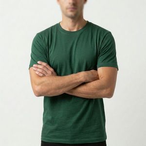 T-shirt en coton vert uni à manches courtes pour homme, coupe classique, col rond, style jersey décontracté - Product Image 3