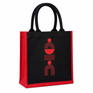Sac fourre-tout en jute à motif géométrique, noir et rouge, taille moyenne, avec poignée longue, pour usage quotidien, cadeau et fêtes - Product Image 1