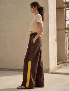 ONETEN Women's Brown Color Block Wide Leg Drawstring Pants <b>Elastic</b> <b>Waist</b> Side Stripe Casual <b>Trousers</b> - Product Image 3