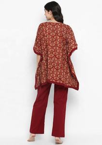 Summer Fresh Collection Burgundy Hand Block Printed Flower Motif Floor-Length Natural Breathable Eco-Friendly Short <b>Kaftan</b> Solid - Product Image 5