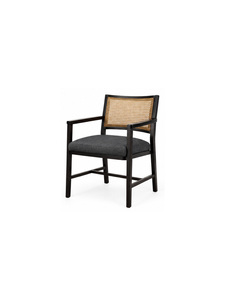 Fauteuil moderne en bois massif avec assise rembourrée en tissu capitonné et dossier en rotin, écologique, pour salles à manger, cafés et restaurants - Product Image 3