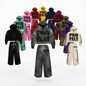 Ensemble de survêtement personnalisé OEM ODM avec logo orné de strass, décontracté, deux pièces, comprenant un sweat à capuche court et un pantalon, tenue de sport décorative - Product Image 1