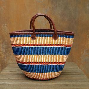 Blue Yellow Seagrass Handbags Leather Handle Woven <b>Straw</b> Tote <b>Bag</b> Fashion Women <b>Summer</b> Beach Purse OEM ODM - Product Image 3