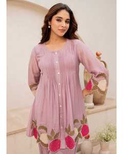 Ensemble Kurta et pantalon en coton lavande brodé pour femme, coupe ample, longueur cheville, style décontracté Inde Pakistan - Product Image 4