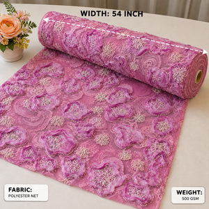 ผ้าตาข่ายโพลีเอสเตอร์ปักลายดอกไม้ 3 มิติ สีชมพูพรีเมียม หนัก 500 GSM ประดับลูกปัดอย่างดี ผ้าลูกไม้ตาข่ายกว้าง 54 นิ้ว สำหรับชุดเจ้าสาว - Product Image 5