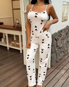 Women Casual Heart Print Spaghetti Strap Full-Length Pajama Set Soft Knitted Machine-Washable Sleepwear Lounge Jumpsuit Elastic - Product Image 1