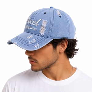 Unisex Distressed Denim Baseball <b>Cap</b> Custom Embroidery Adjustable stripe <b>Vintage</b> Style Adjustable Fit Distressed Style <b>Cap</b> - Product Image 4