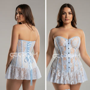Corset bleu en dentelle transparente avec baleines en acier et mini-jupe évasée |   Fabricant de lingerie sexy sur mesure - Product Image 5