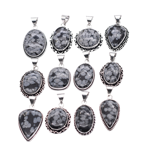1000 Piezas de Colgantes Ovalados de Obsidiana Natural con Forma de Copo de Nieve, Engaste de Bisel Plateado en Plata 925, Joyería Vintage Unisex Cristiana - Product Image 5