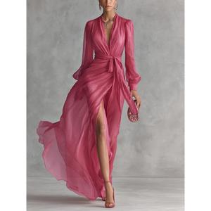 Vestido Largo de Gasa Rosa Elegante Hecho a Mano de Alta Calidad con Cuello en V Profundo, Manga Abullonada, Lazo Cruzado, Abertura en el Bajo, Ajuste Delgado, Sencillo y Ecológico - Product Image 3